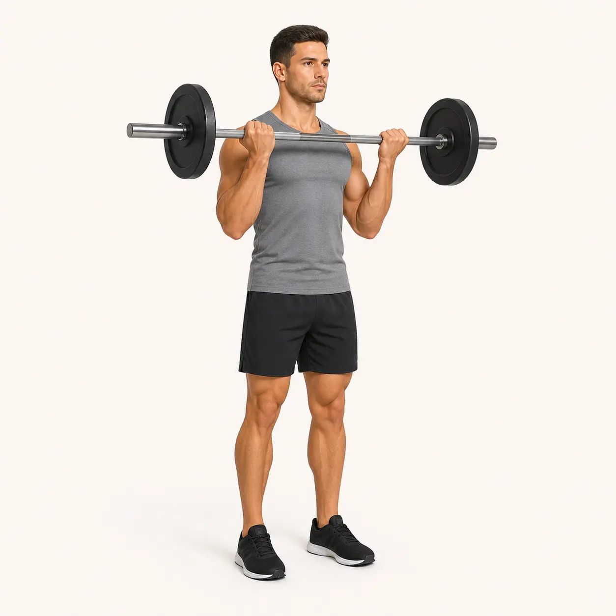 Barbell Curl finish position with barbell near the chest, elbows close to the ribs, and torso upright.