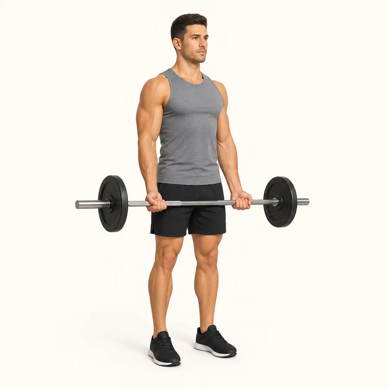 Barbell Curl start position with arms extended, elbows pinned, and barbell held at thigh level.