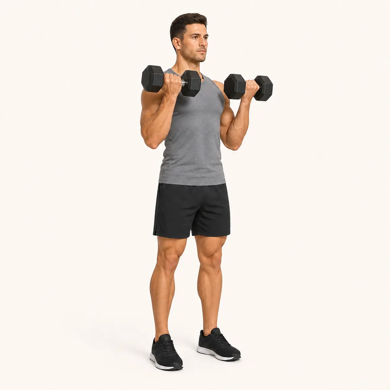 Dumbbell Curl finish position with dumbbells near shoulder height, elbows close to the ribs, and torso upright.