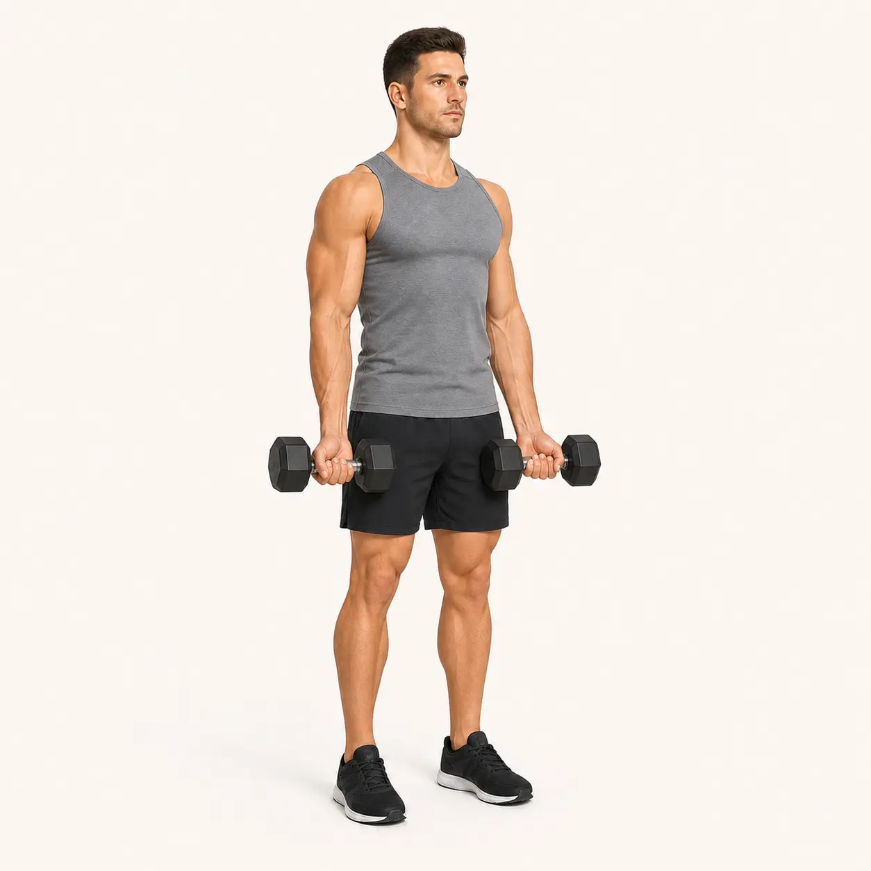 Dumbbell Curl start position with arms extended, elbows pinned, and dumbbells held at the sides.