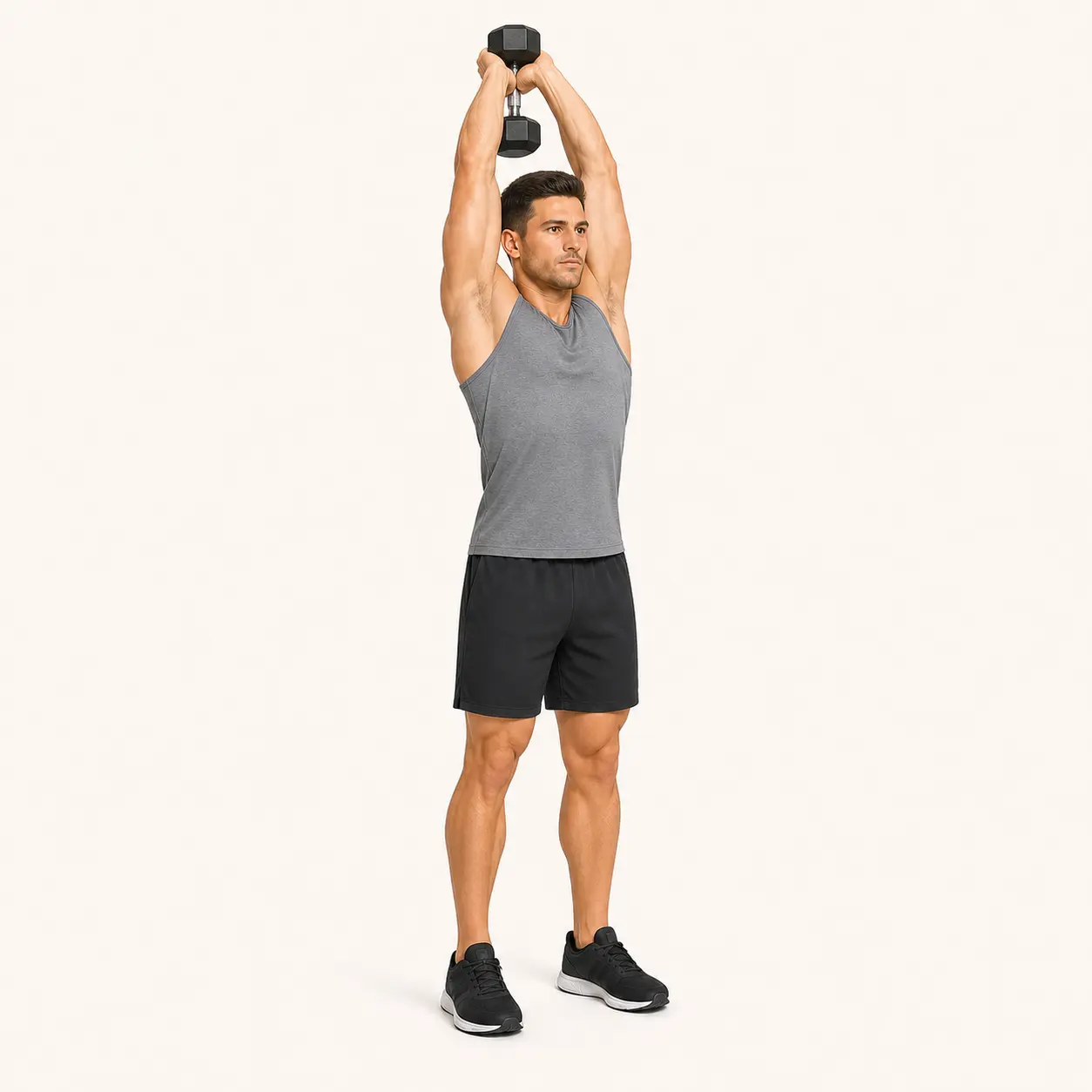 Overhead Triceps Extension finish position with the dumbbell locked out overhead and elbows close.