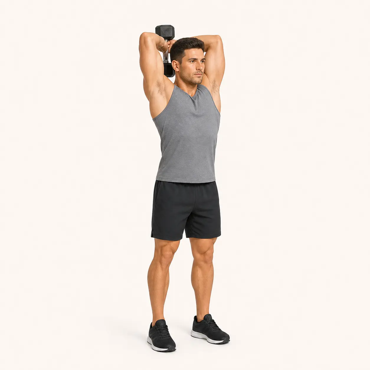 Overhead Triceps Extension start position with the dumbbell lowered behind the head and elbows pointing up.
