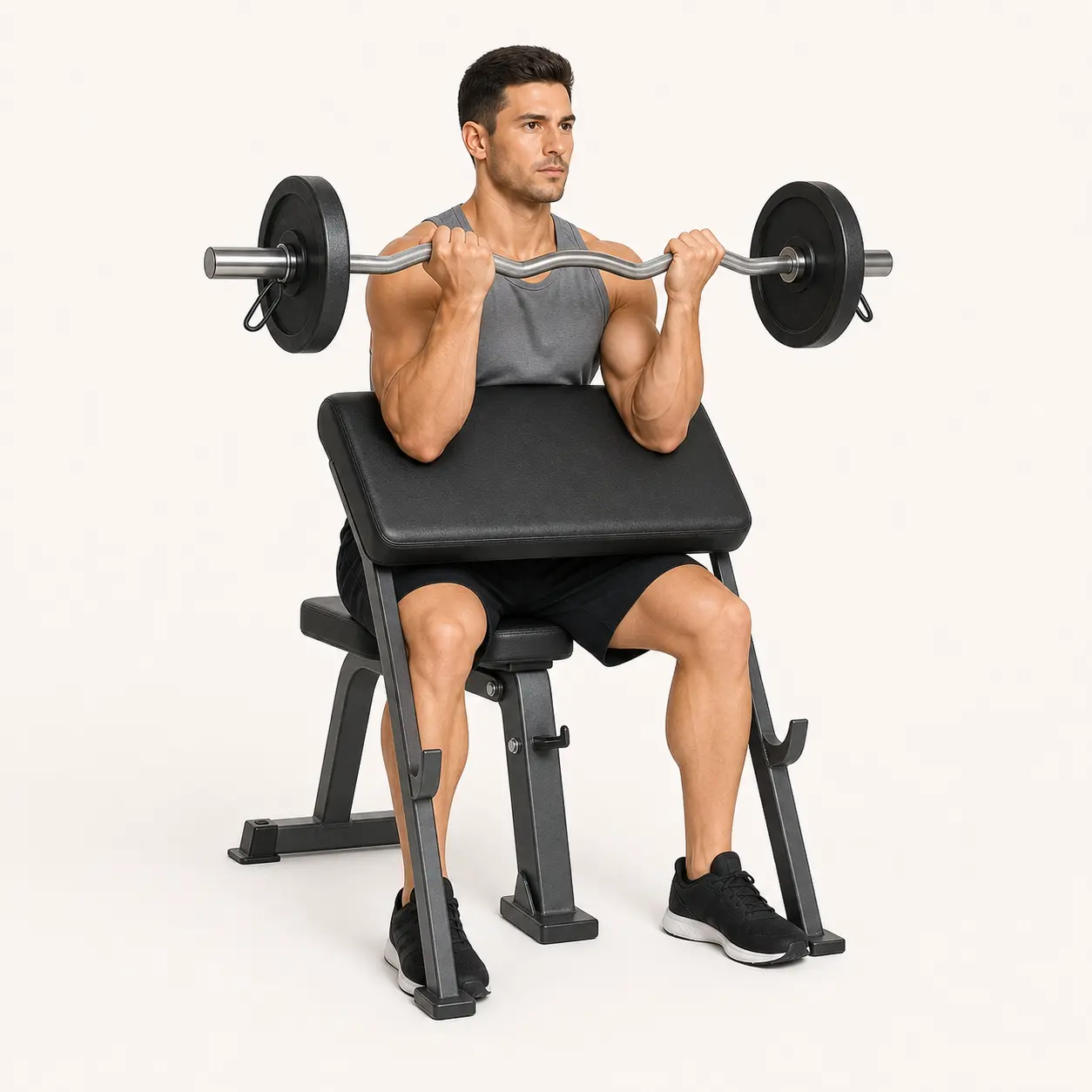 Preacher Curl finish position with the EZ bar curled up and upper arms still planted on the pad.