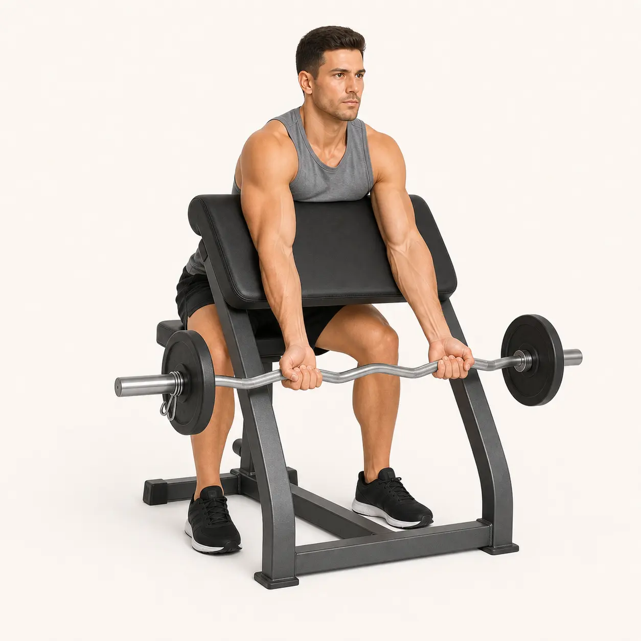 Preacher Curl start position with upper arms supported on the pad and elbows nearly extended.