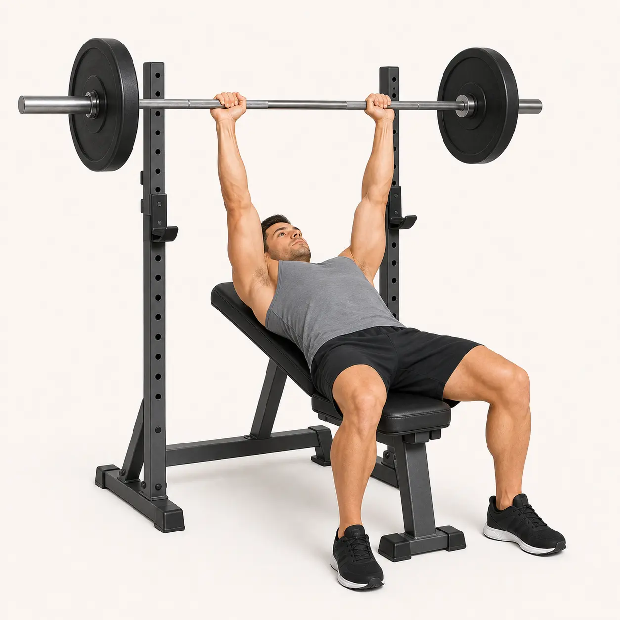 Barbell Bench Press finish position with the bar pressed over the shoulders and elbows extended.