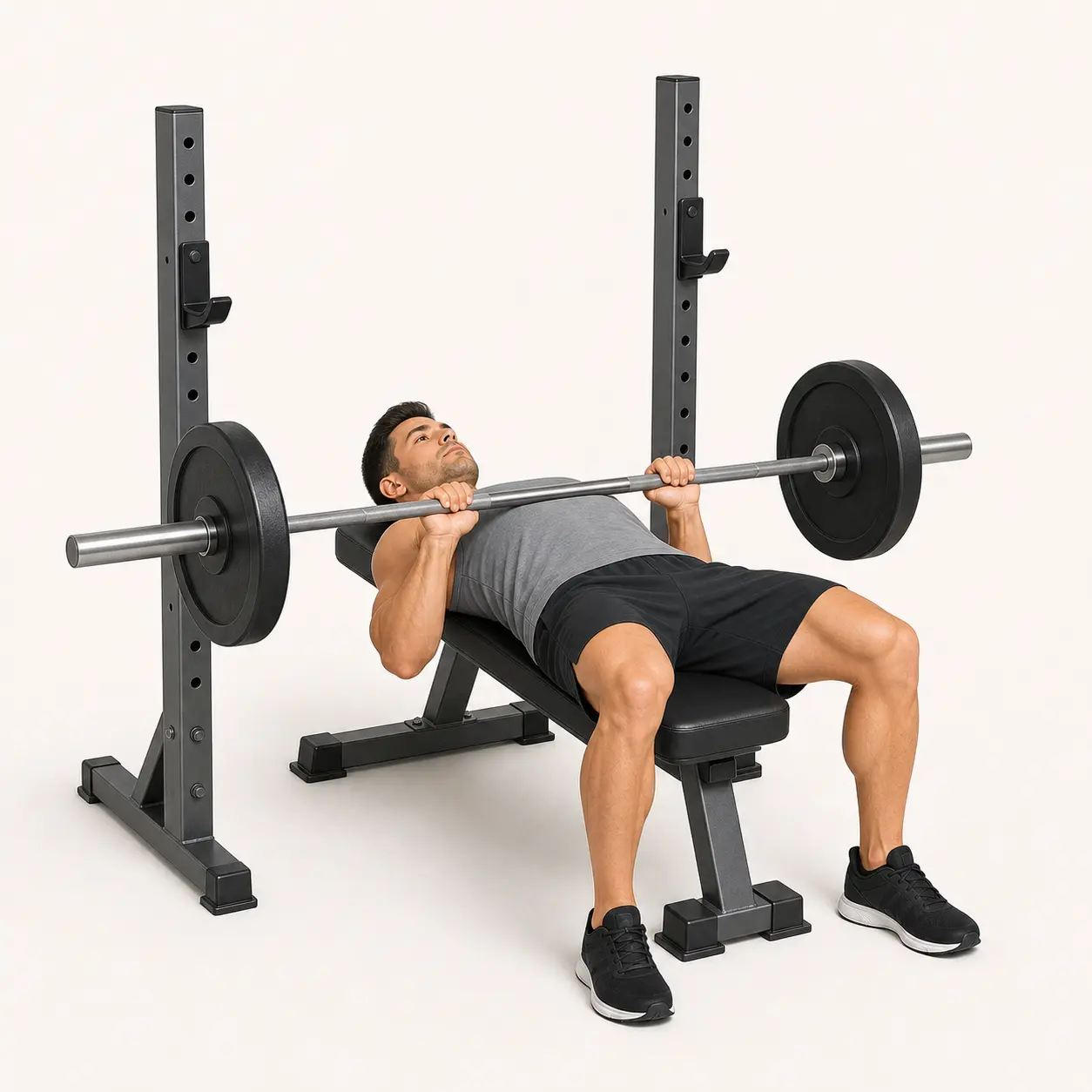 Barbell Bench Press bottom position with the bar on the lower chest, shoulder blades set, and feet planted.