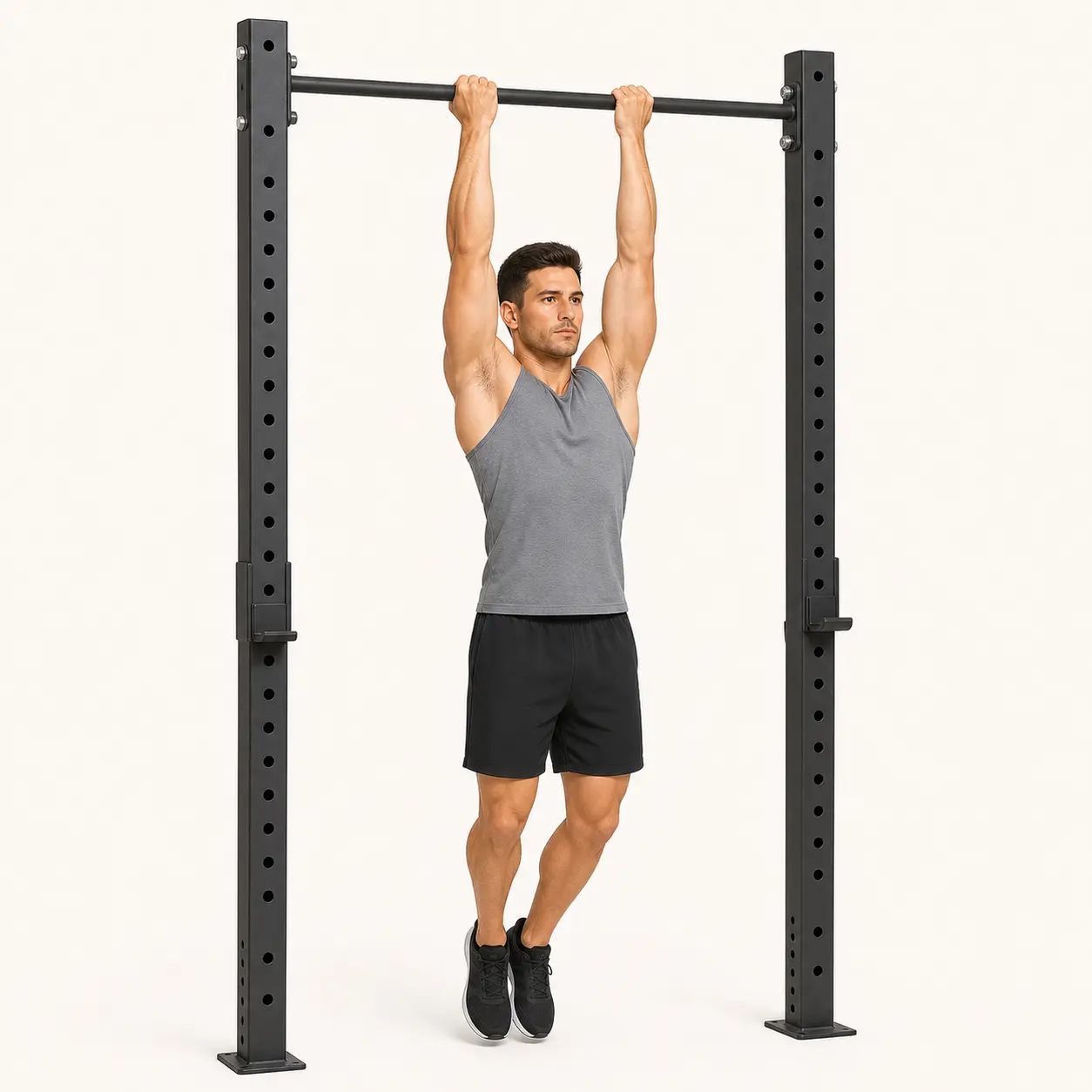 Chin-up start position hanging from a pull-up bar with an underhand grip and arms extended.