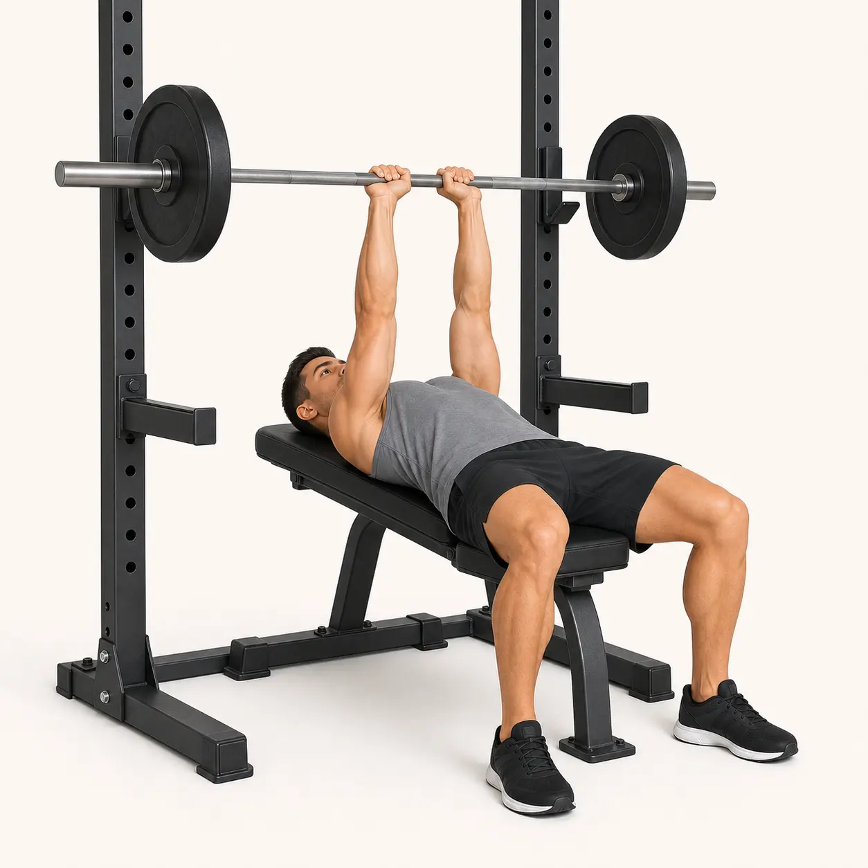 Close-grip Bench Press finish position with the bar pressed up and elbows extended over the chest.