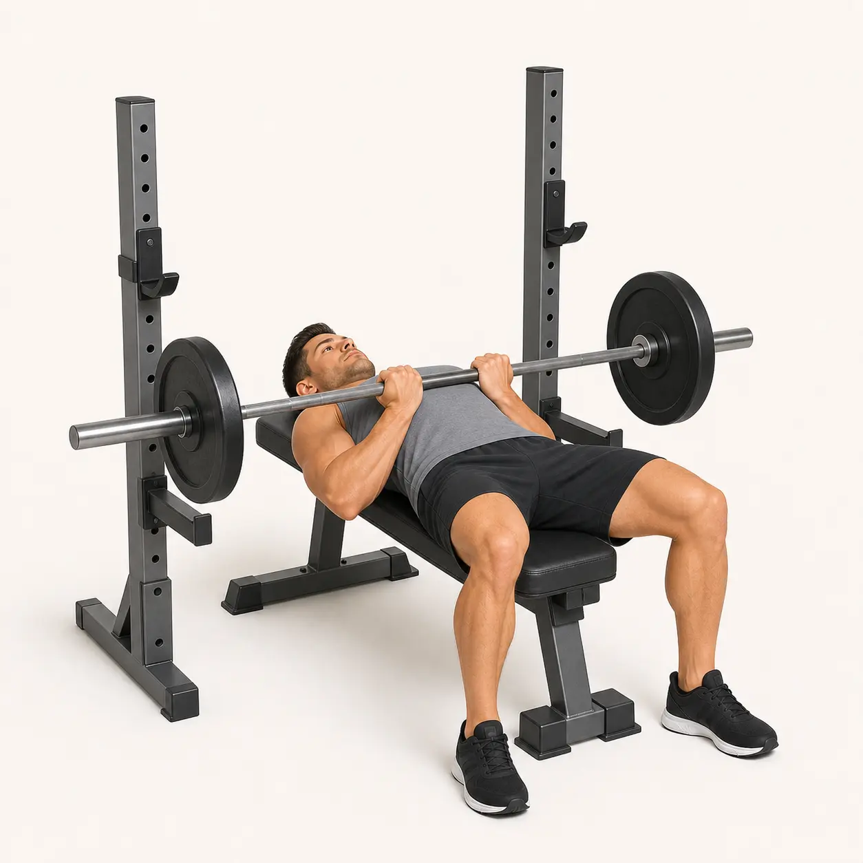 Close-grip Bench Press bottom position with shoulder-width grip, elbows tucked, and bar near the lower chest.