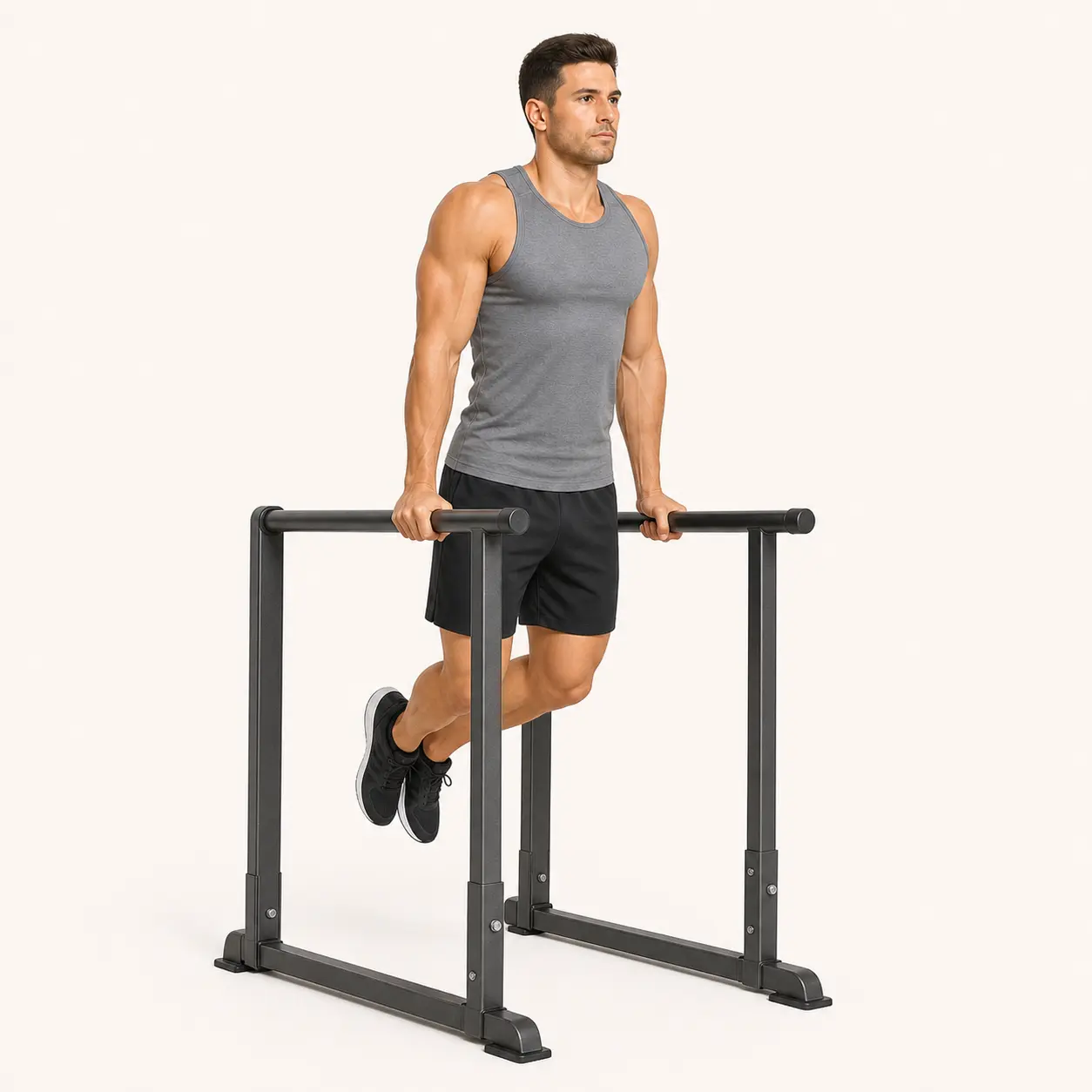 Dip finish position on parallel bars with arms extended and shoulders pressed down.