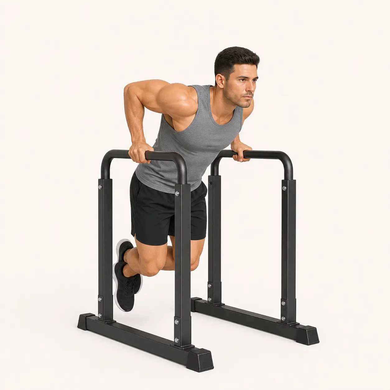Dip bottom position on parallel bars with torso leaning forward and elbows bent.