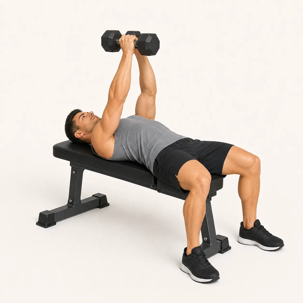 Dumbbell Fly finish position with dumbbells brought together above the chest and elbows softly bent.