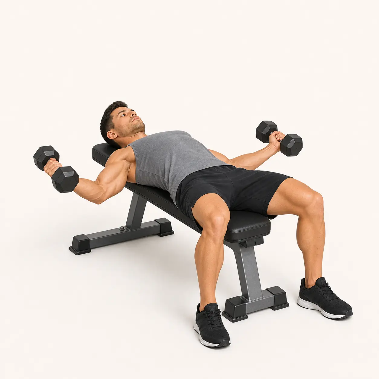 Dumbbell Fly bottom position with arms opened wide, slight elbow bend, and chest stretched on a flat bench.