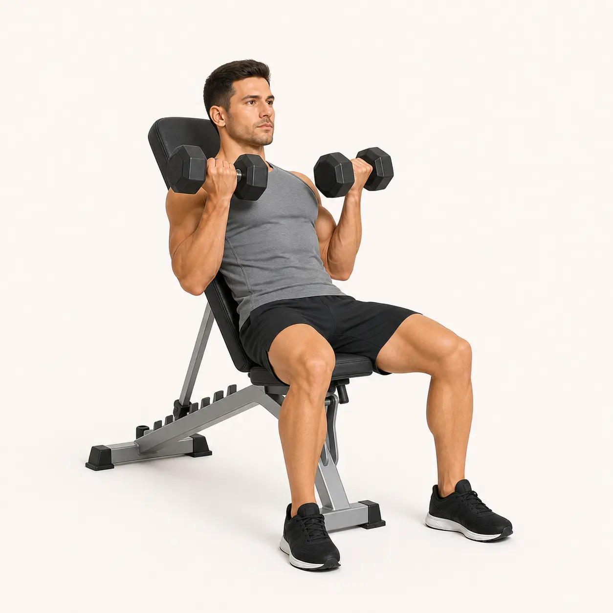 Incline Dumbbell Curl finish position with dumbbells curled up while shoulders stay pinned to the bench.