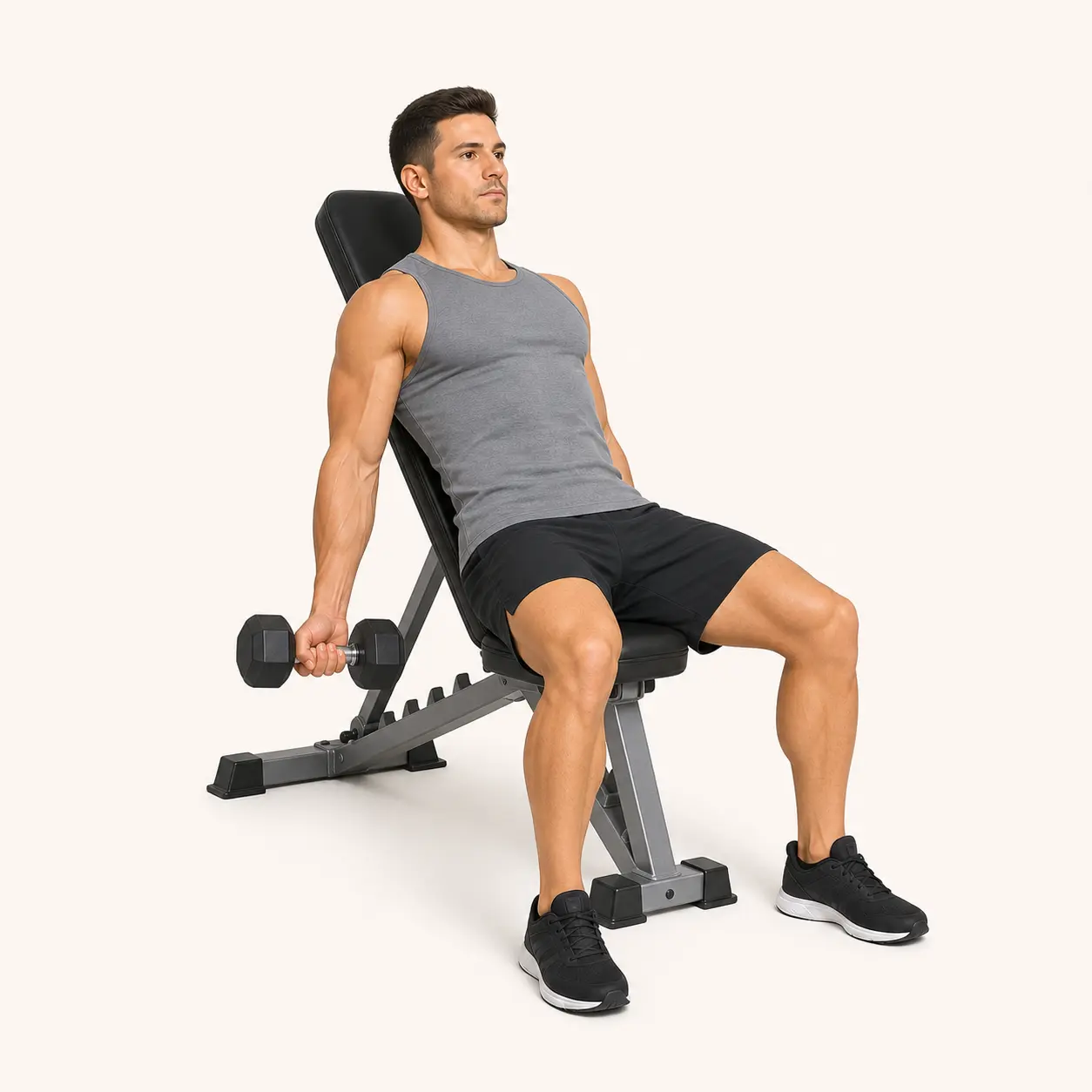 Incline Dumbbell Curl start position with arms hanging behind the torso on an incline bench.