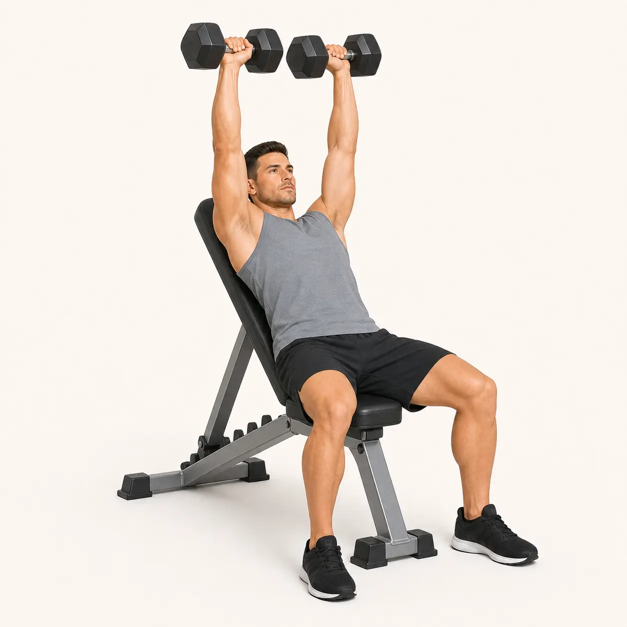 Incline Dumbbell Press finish position with dumbbells pressed up and slightly together above the upper chest.