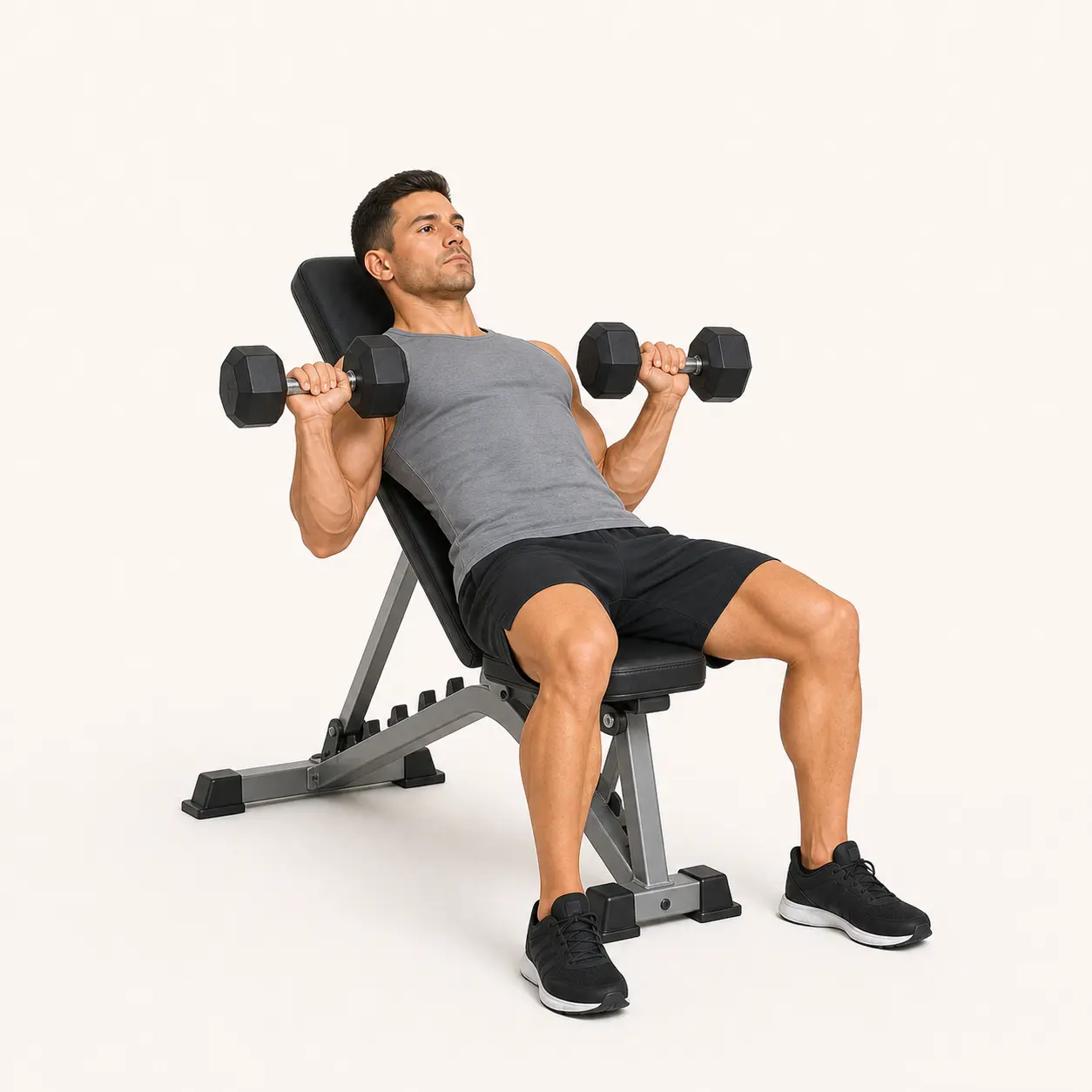 Incline Dumbbell Press bottom position with dumbbells at upper chest height on an incline bench.