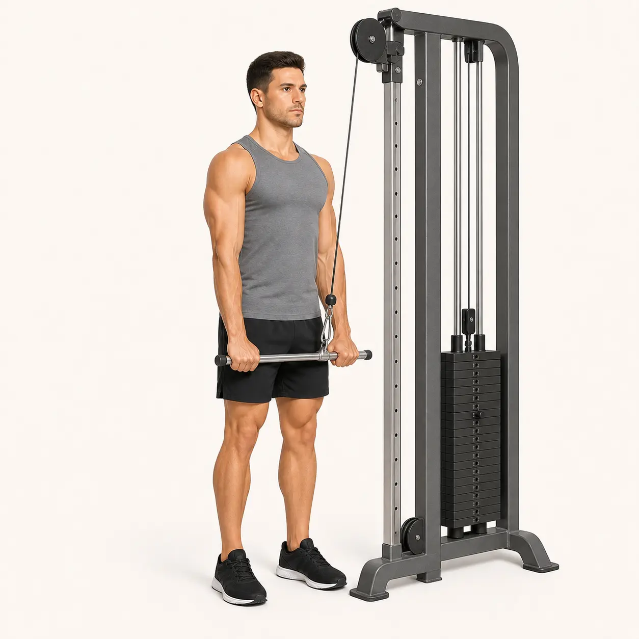 Cable Triceps Pushdown finish position with arms extended down and elbows pinned to the sides.