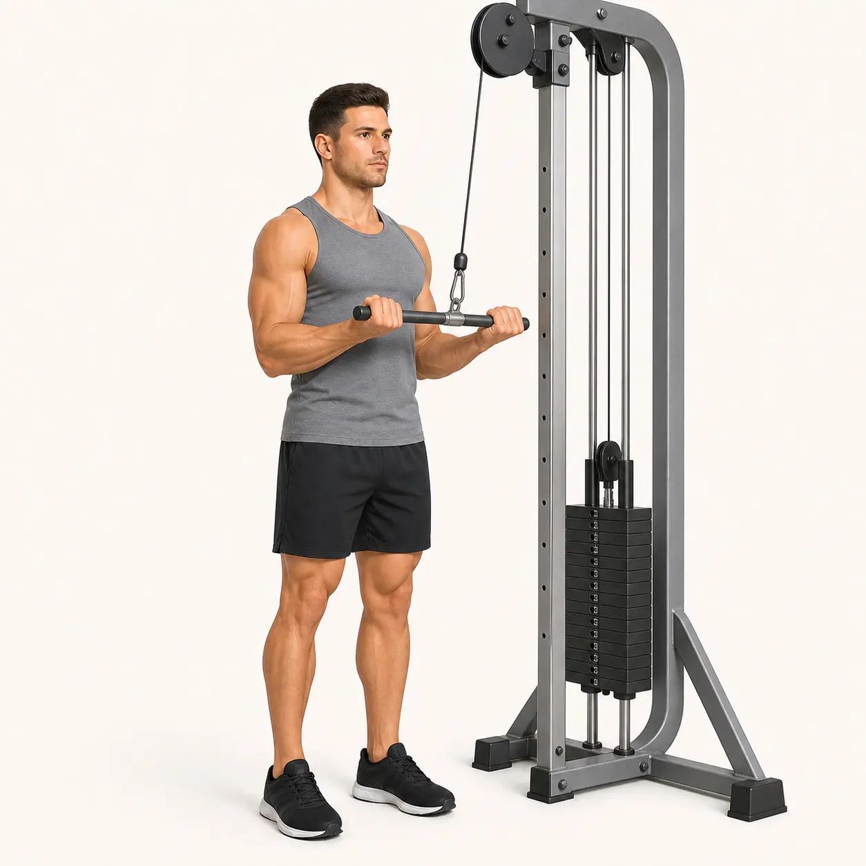 Cable Triceps Pushdown start position with elbows pinned and forearms bent around 90 degrees.